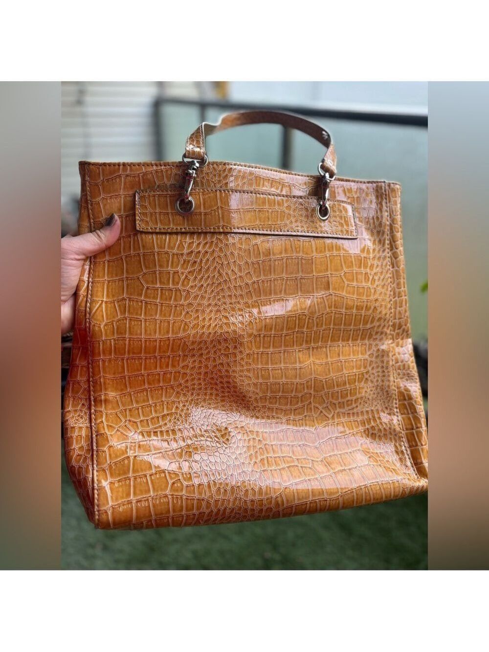 LIKE NEW Embossed Reptile Pattern Embossed Yellow Fashion Tote Bag - Picture 8 of 16